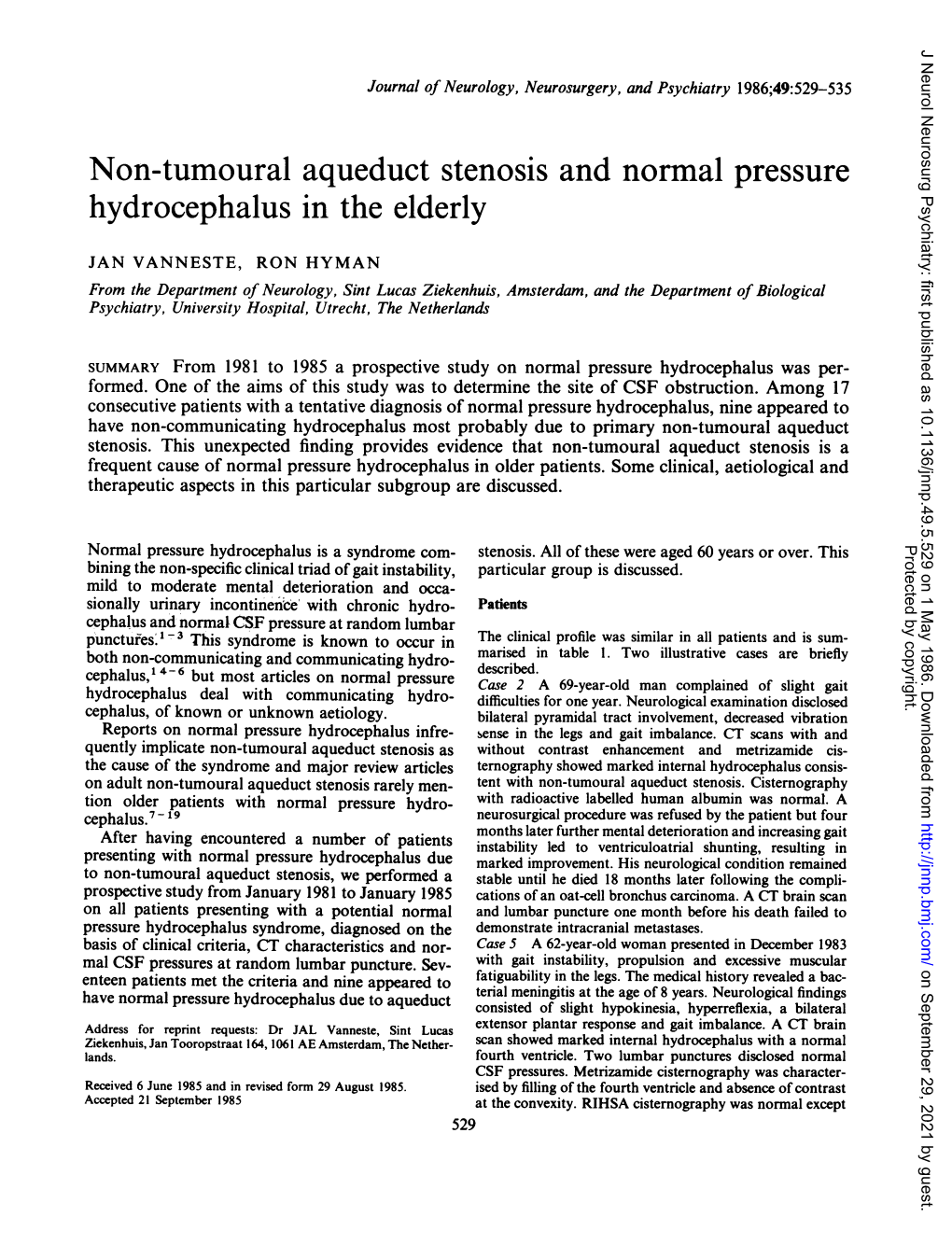 Non-Tumoural Aqueduct Stenosis and Normal Pressure Hydrocephalus in the Elderly