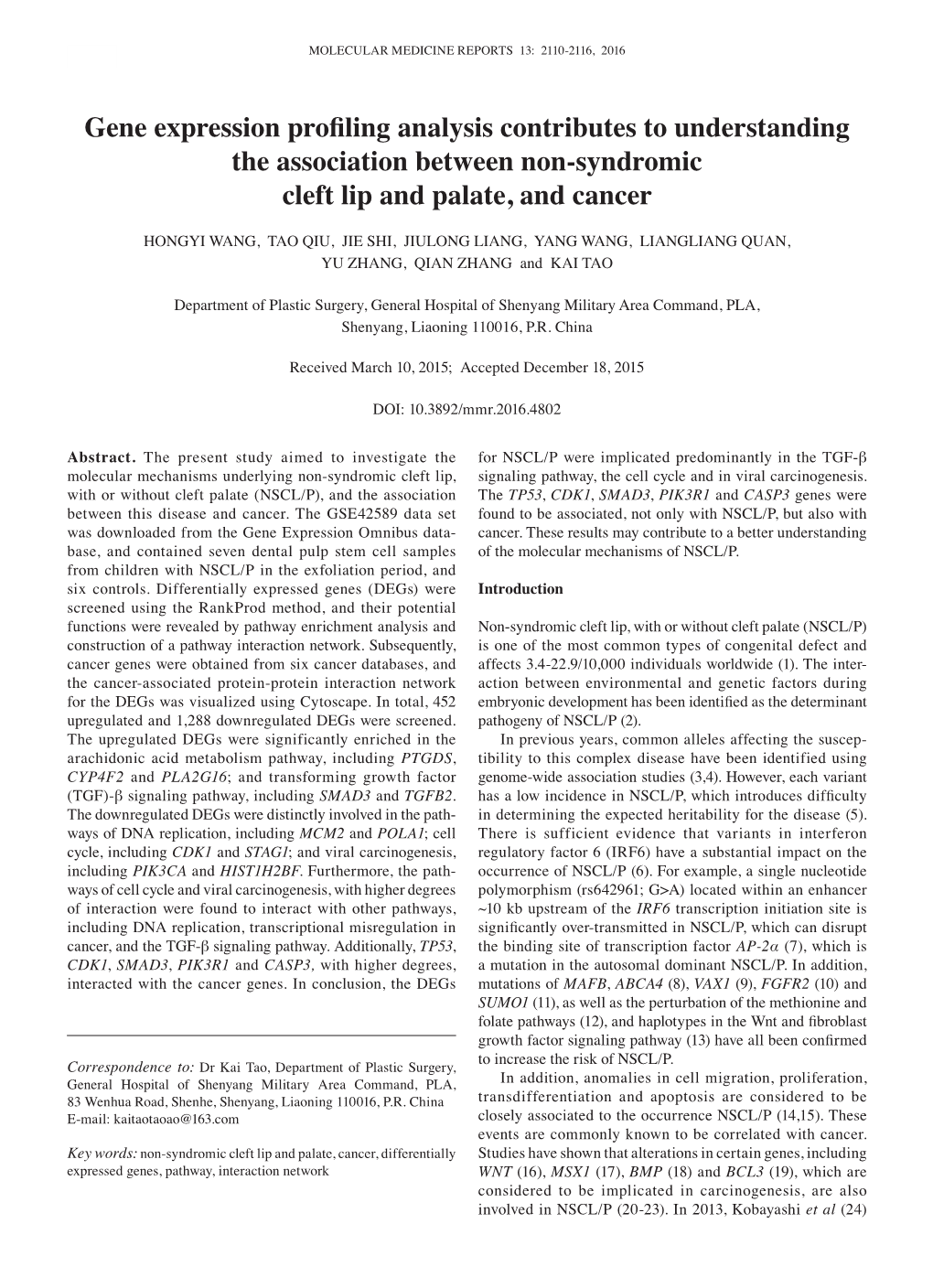 Gene Expression Profiling Analysis Contributes to Understanding the Association Between Non-Syndromic Cleft Lip and Palate, and Cancer