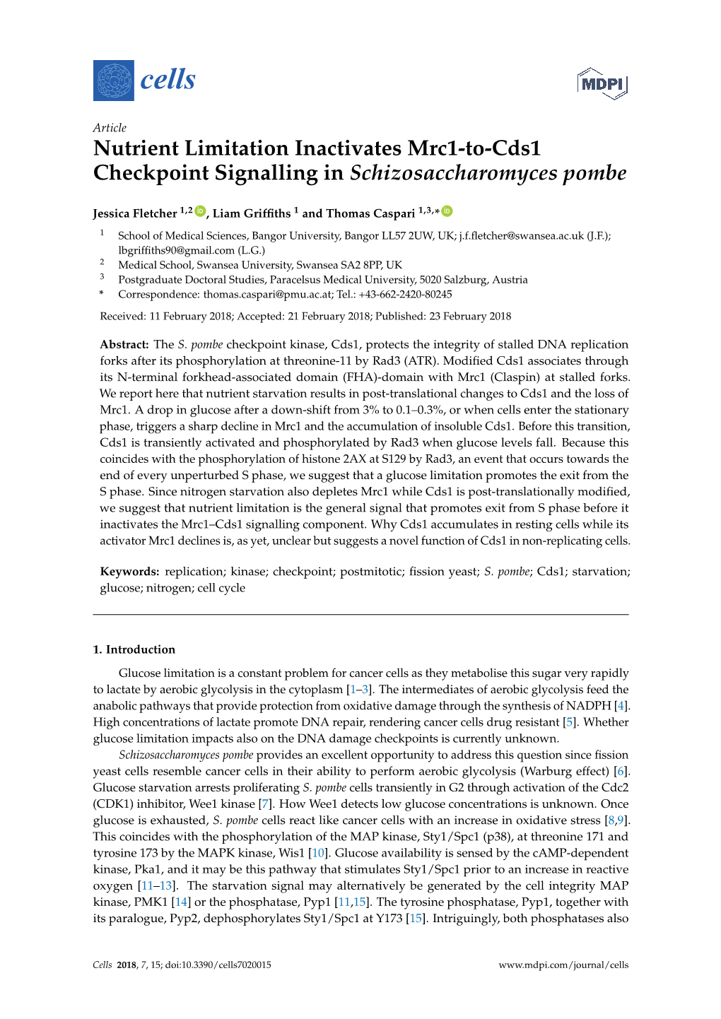 Nutrient Limitation Inactivates Mrc1-To-Cds1 Checkpoint Signalling in Schizosaccharomyces Pombe