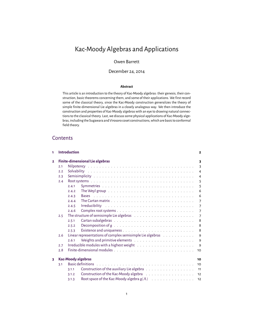 Kac-Moody Algebras and Applications