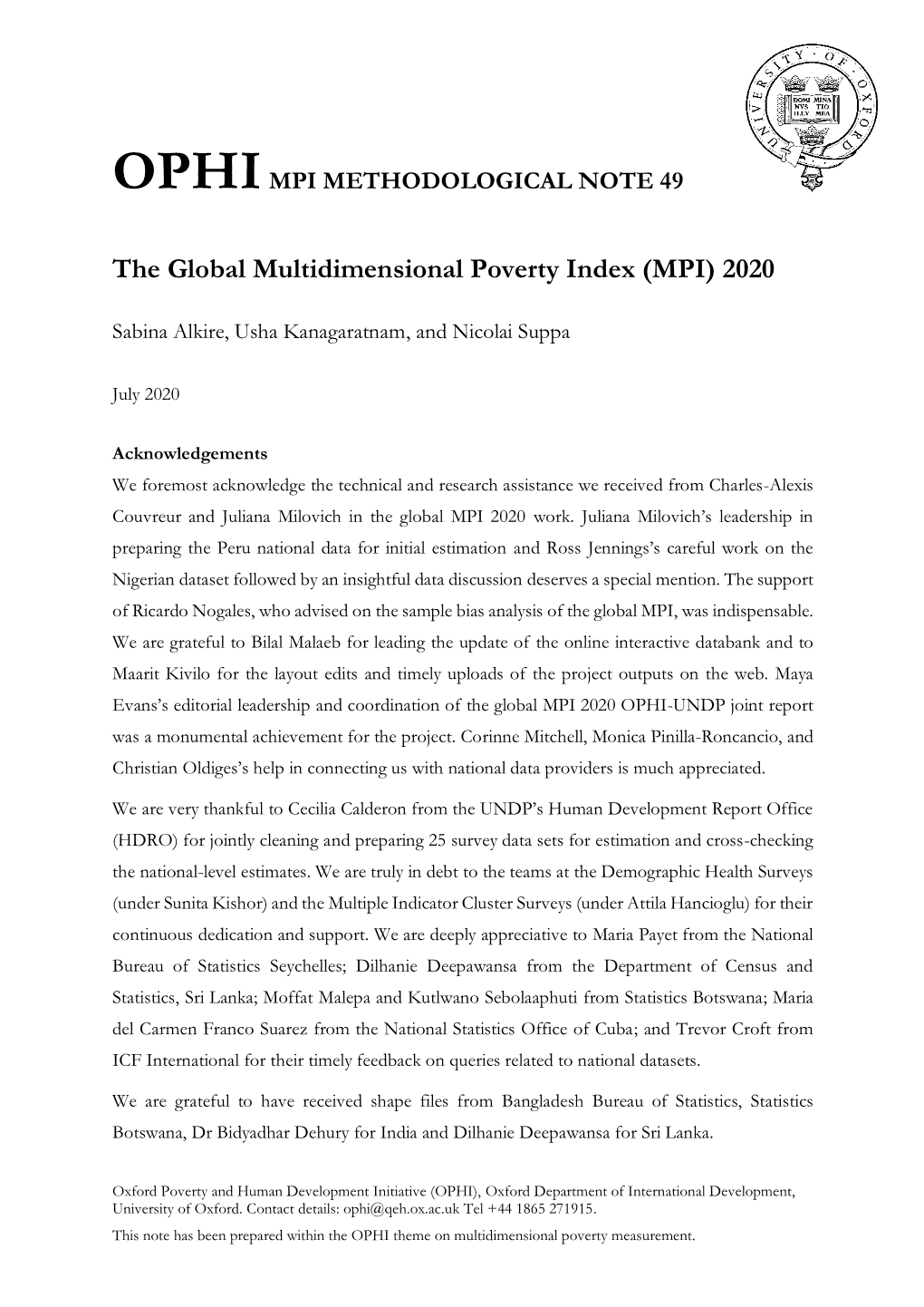 The Global Multidimensional Poverty Index (MPI) 2020