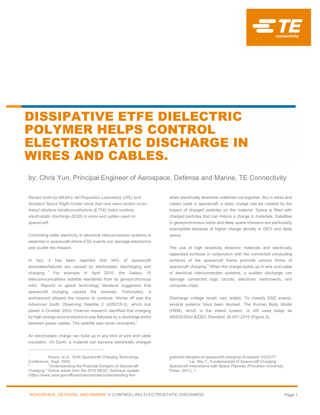 Dissipative Etfe Dielectric Polymer Helps Control Electrostatic Discharge in Wires and Cables