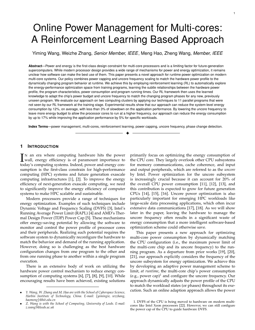 Online Power Management for Multi-Cores: a Reinforcement Learning Based Approach