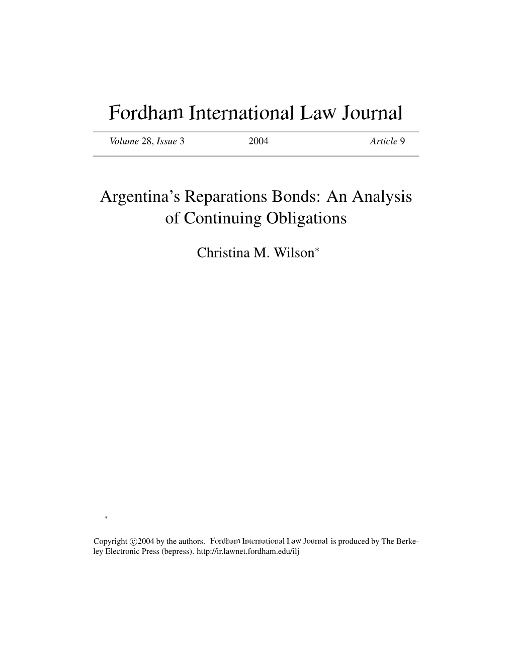 Argentina's Reparations Bonds: an Analysis of Continuing Obligations