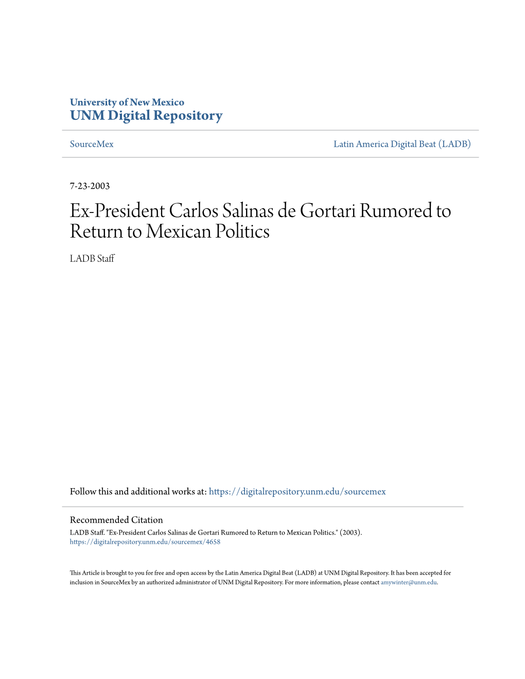 Ex-President Carlos Salinas De Gortari Rumored to Return to Mexican Politics LADB Staff