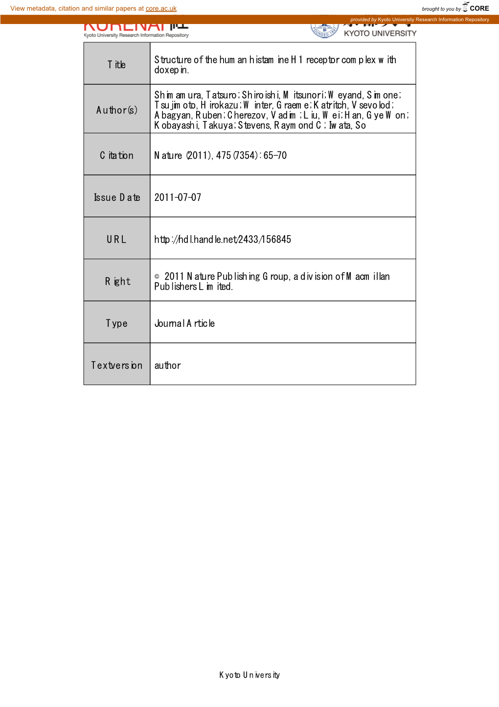 Title Structure of the Human Histamine H1 Receptor Complex With