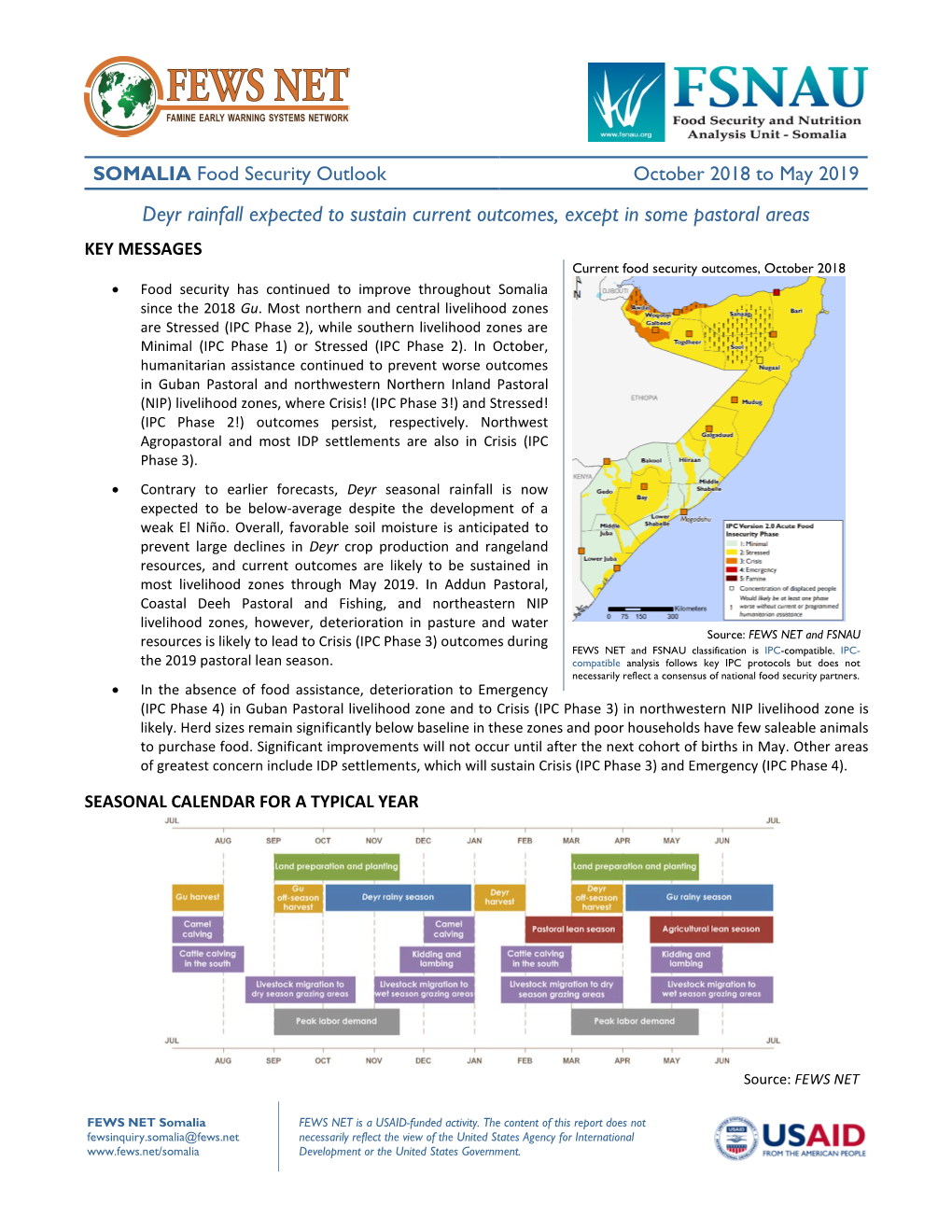 SOMALIA Food Security Outlook October 2018 to May 2019