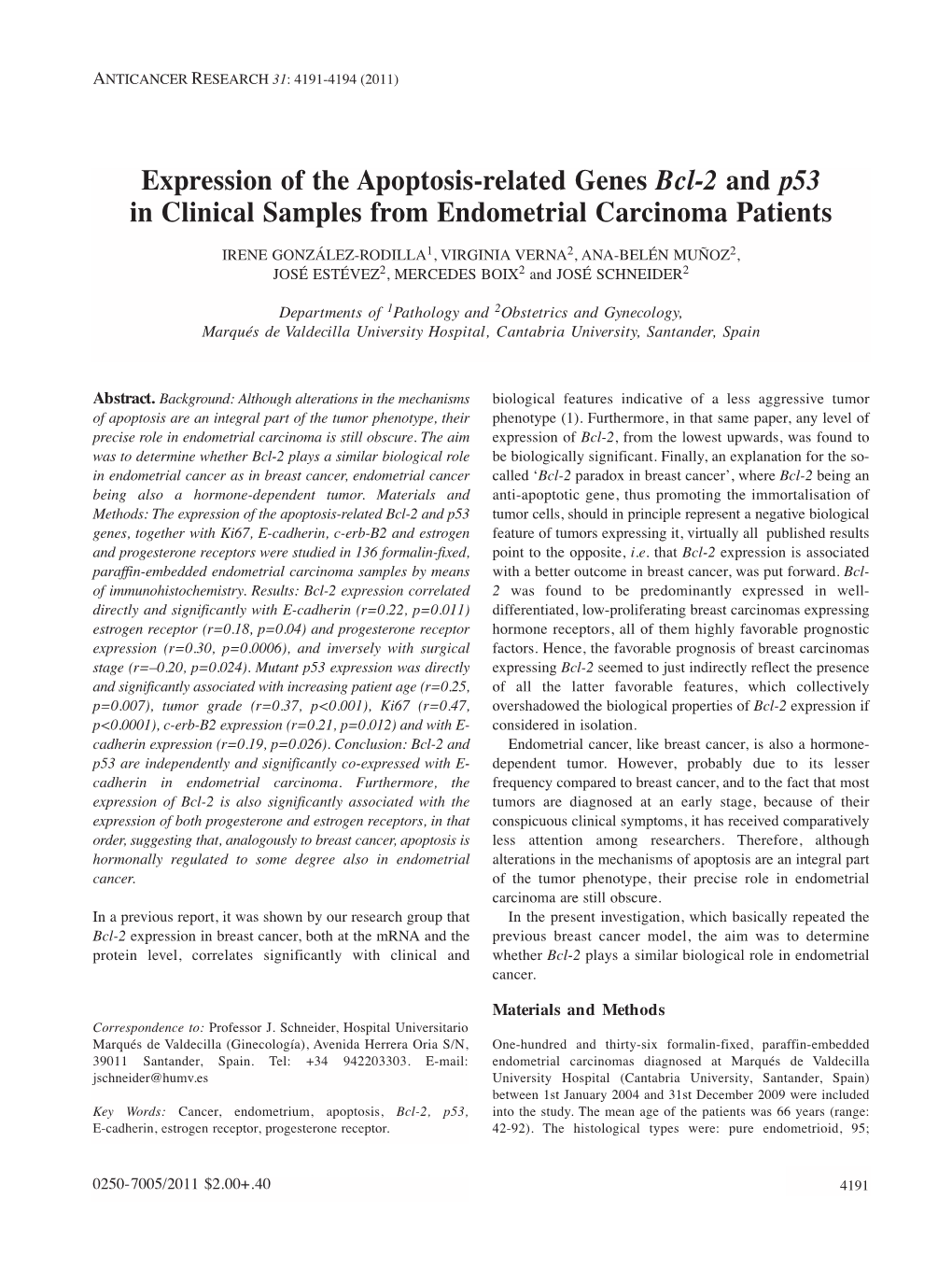 Expression of the Apoptosis-Related Genes Bcl-2 and P53 in Clinical Samples from Endometrial Carcinoma Patients