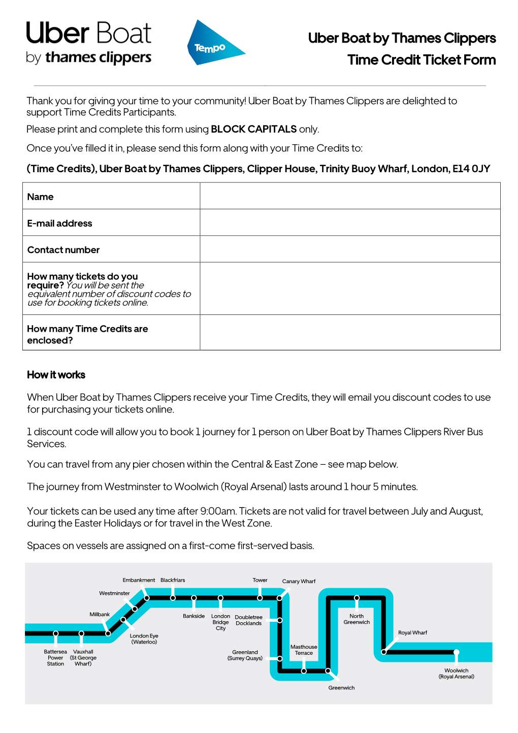 Uber Boat by Thames Clippers Time Credit Ticket Form