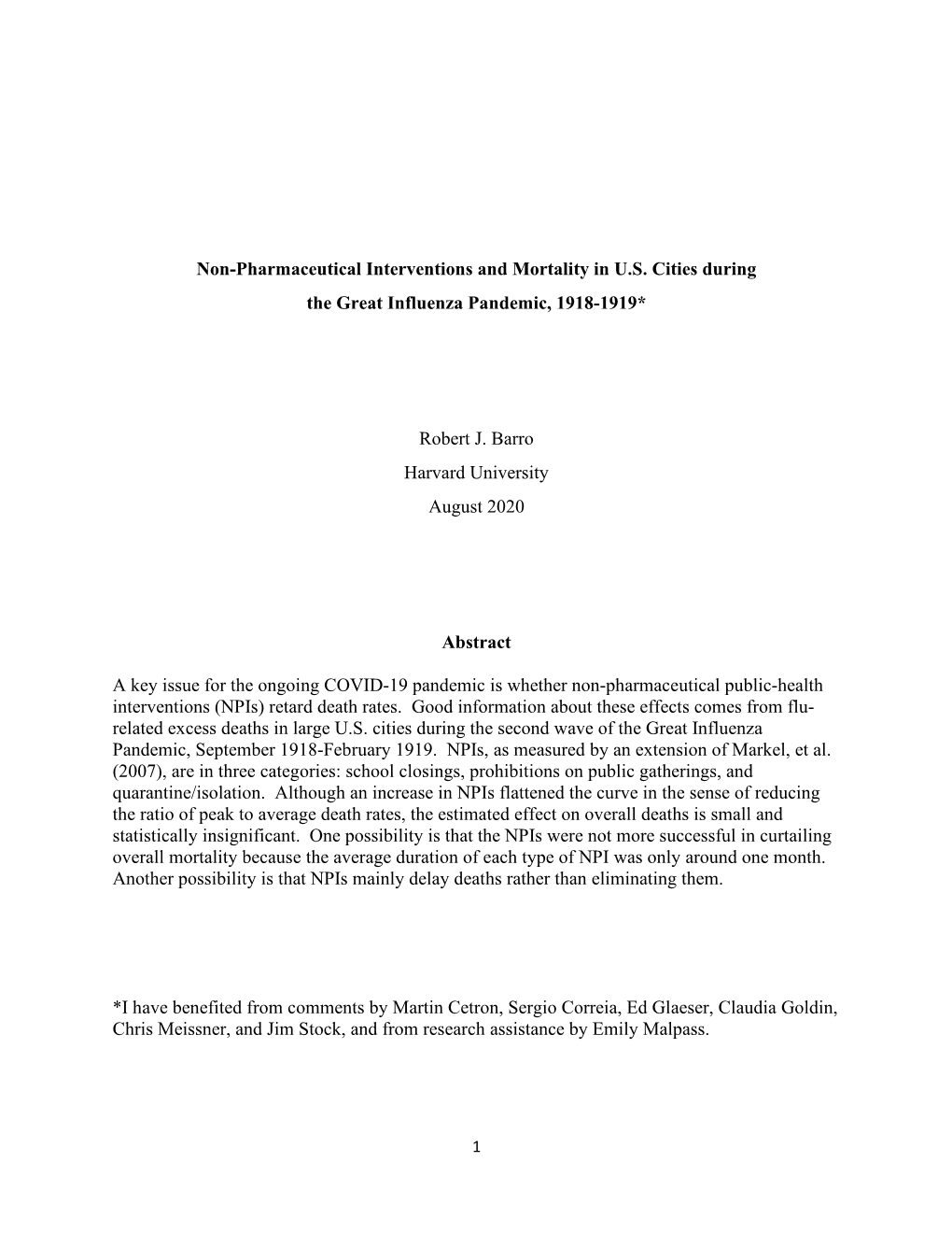 Non-Pharmaceutical Interventions and Mortality in U.S. Cities During the Great Influenza Pandemic, 1918-1919*