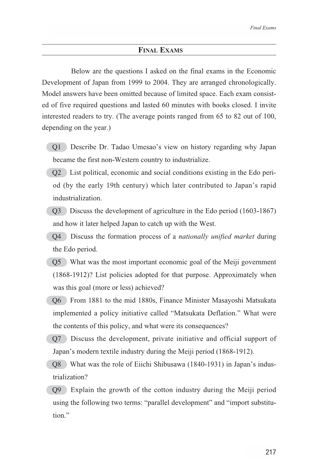 Below Are the Questions I Asked on the Final Exams in the Economic Development of Japan from 1999 to 2004