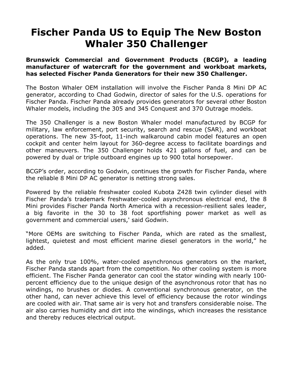 Fischer Panda US to Equip the New Boston Whaler 350 Challenger