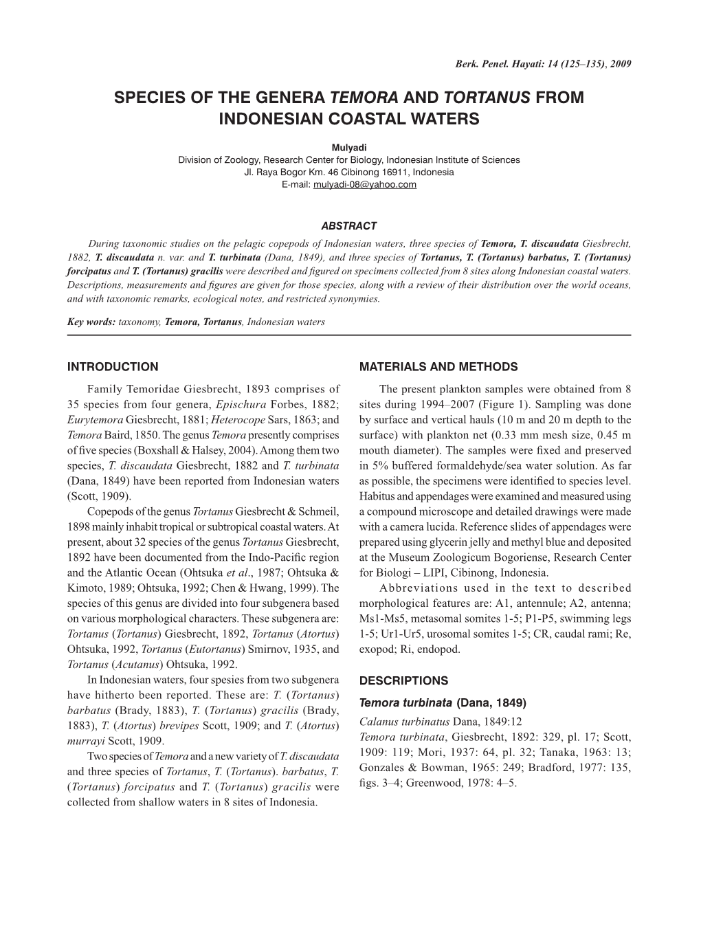 Species of the Genera Temora and Tortanus from Indonesian Coastal Waters