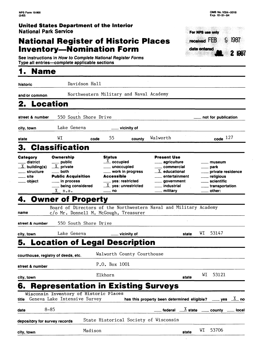 Nomination Form See Instructions in How to Complete National Register Forms Type All Entries—Complete Applicable Sections______1