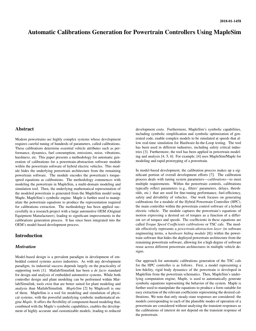 Automatic Calibrations Generation for Powertrain Controllers Using Maplesim