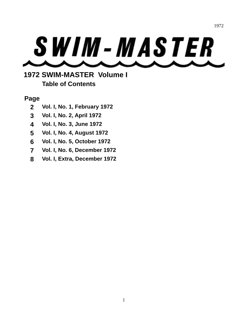 1972 SWIM-MASTER Volume I Table of Contents