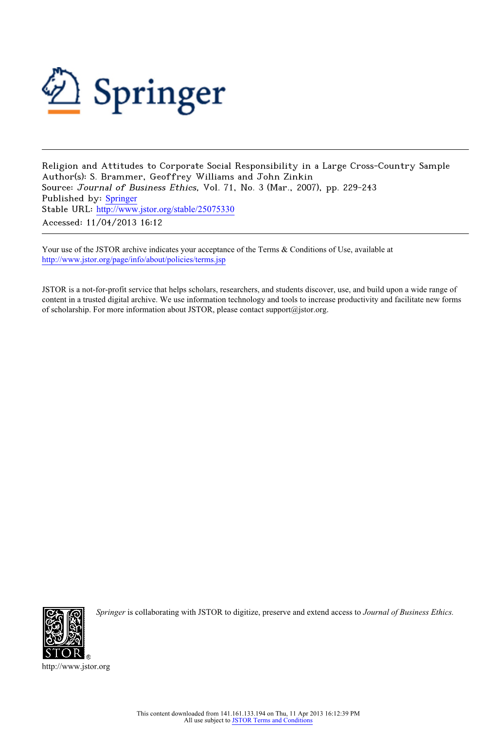 Religion and Attitudes to Corporate Social Responsibility in a Large Cross-Country Sample Author(S): S