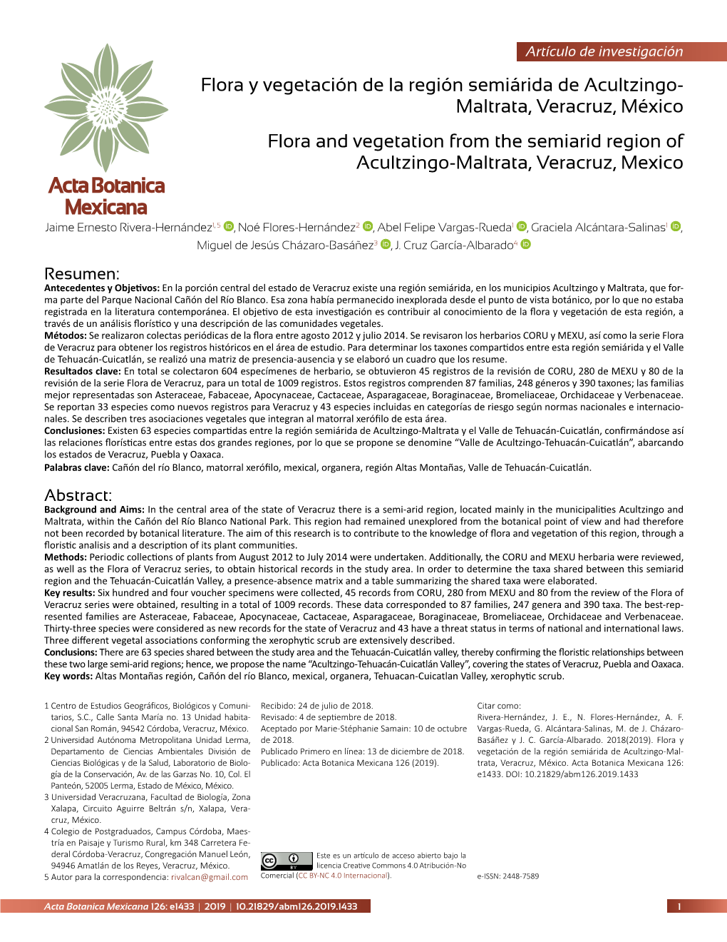 Flora Y Vegetación De La Región Semiárida De Acultzingo-Maltrata