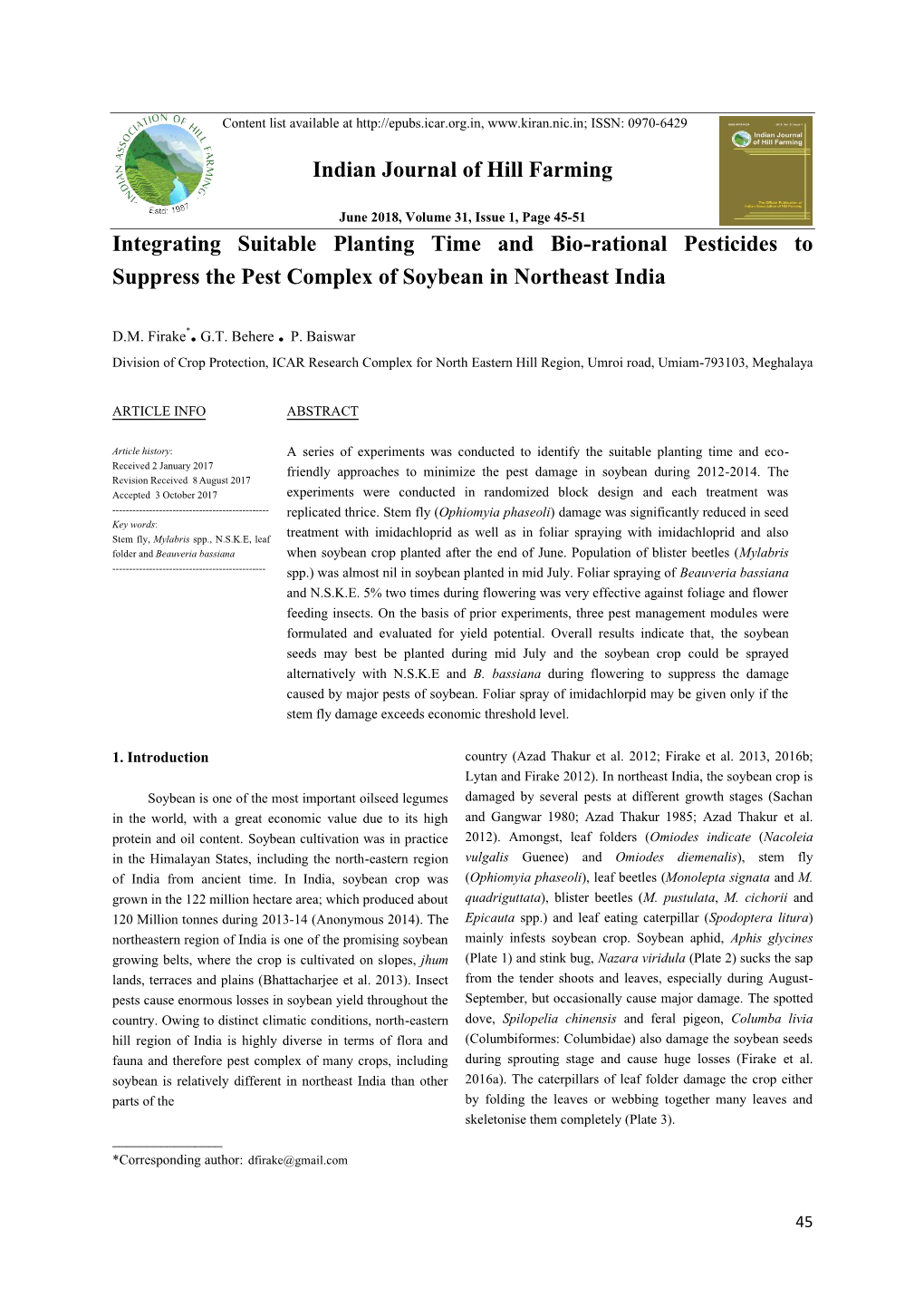 Integrating Suitable Planting Time and Bio-Rational Pesticides to Suppress the Pest Complex of Soybean in Northeast India