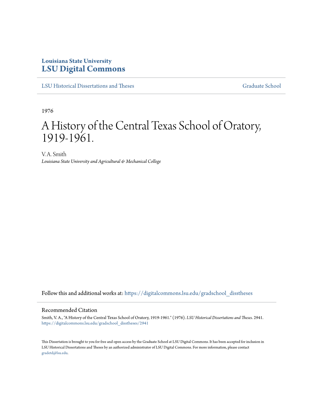 A History of the Central Texas School of Oratory, 1919-1961. V