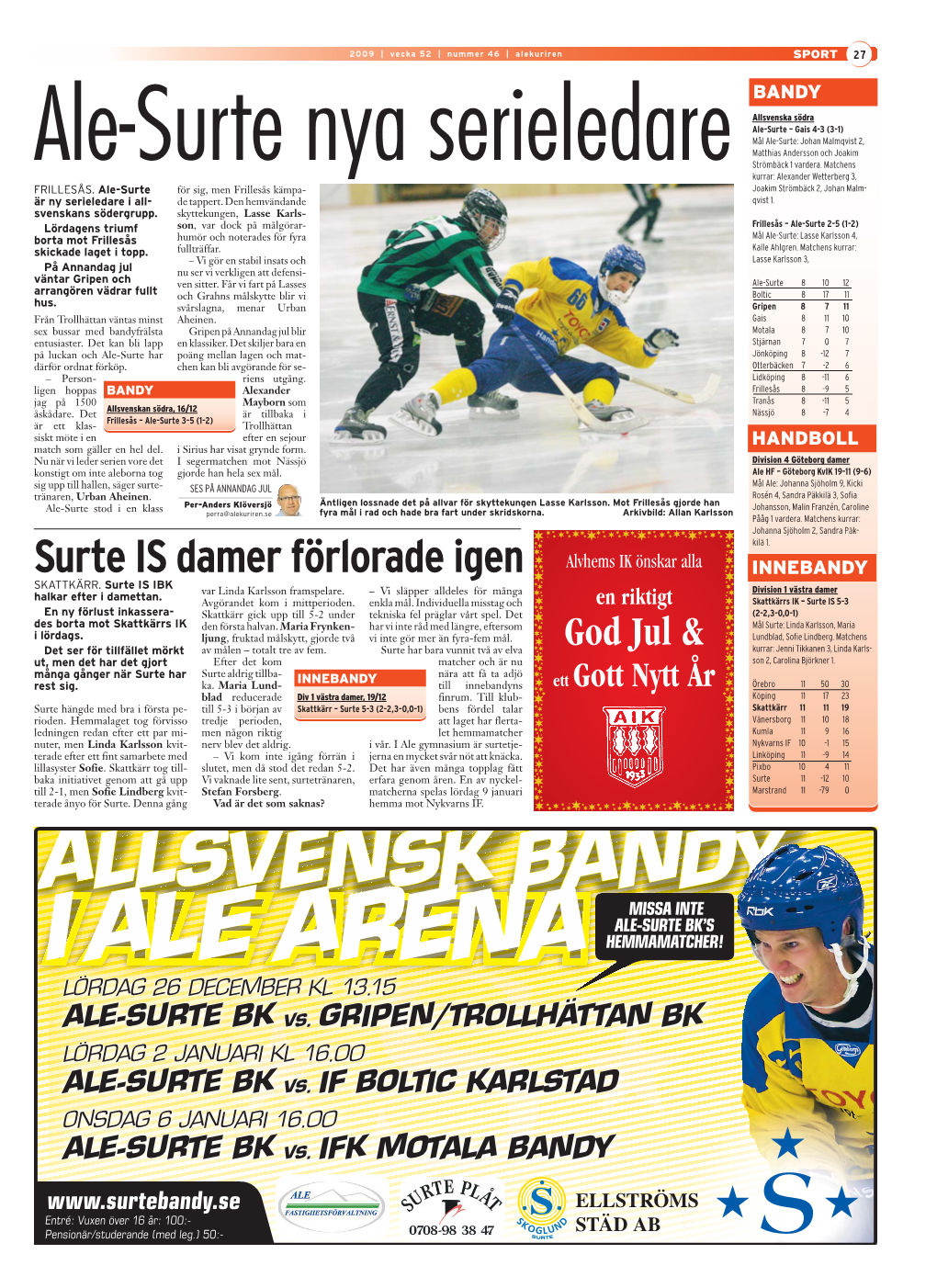 Allsvensk Bandy Missa Inte Ale-Surte Bk’S I Ale Arena Hemmamatcher! Lördag 26 December Kl 13.15 Ale-Surte Bk Vs