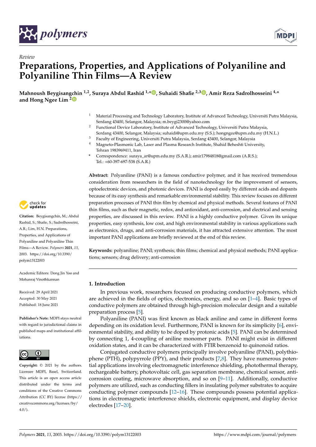 Preparations, Properties, and Applications of Polyaniline and Polyaniline Thin Films—A Review