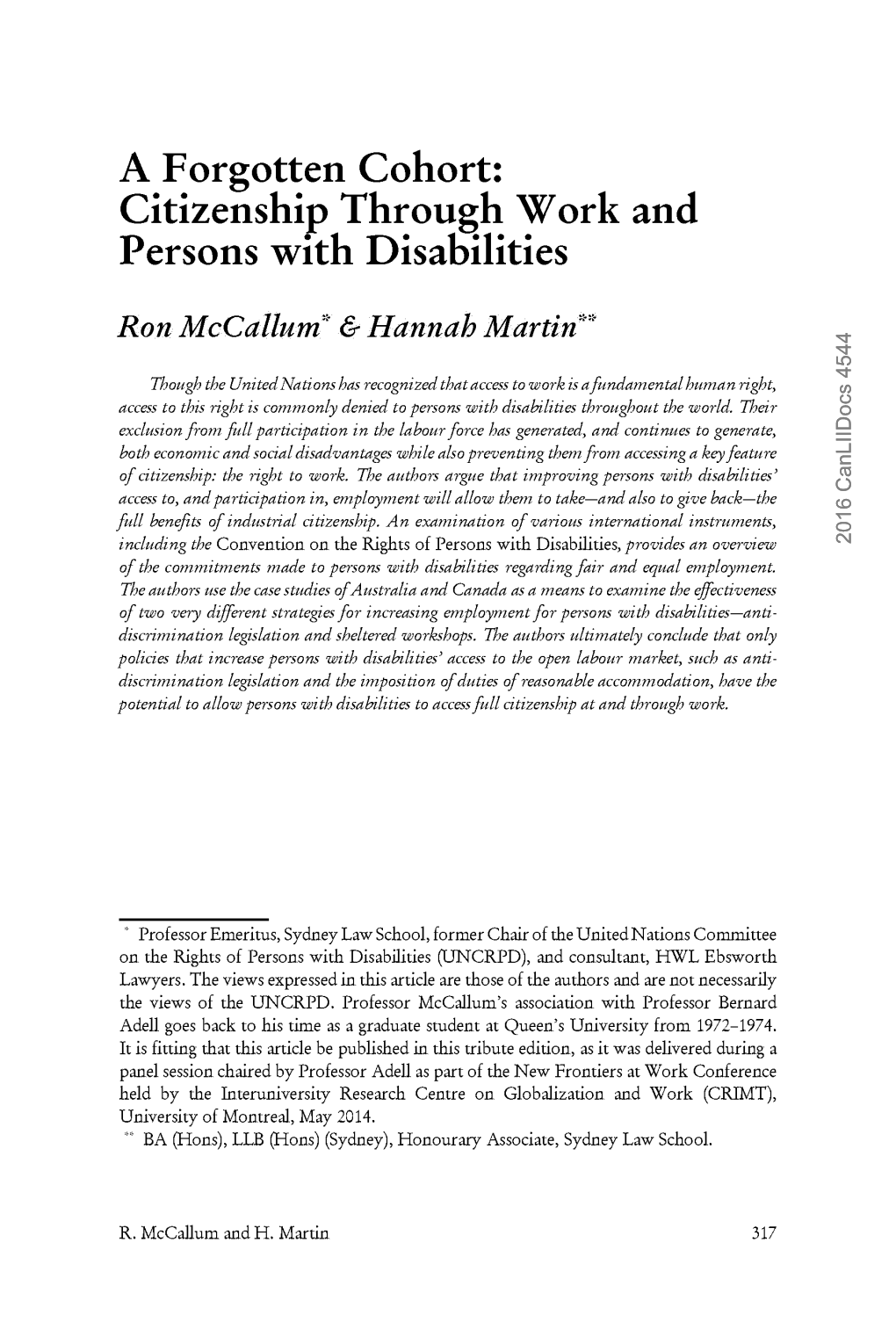 A Forgotten Cohort: Citizenship Through Work and Persons with Disabilities