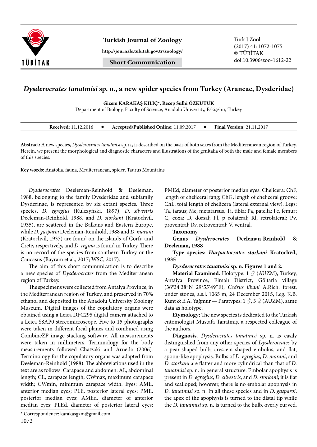 Dysderocrates Tanatmisi Sp. N., a New Spider Species from Turkey (Araneae, Dysderidae)