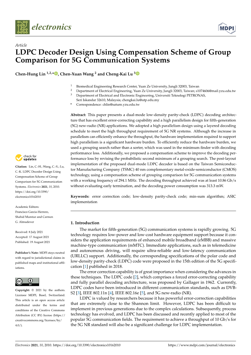 LDPC Decoder Design Using Compensation Scheme of Group Comparison for 5G Communication Systems