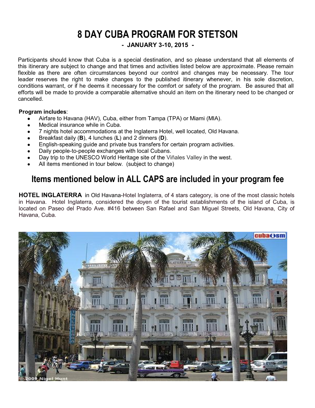 8 Day Cuba Program for Stetson - January 3-10, 2015