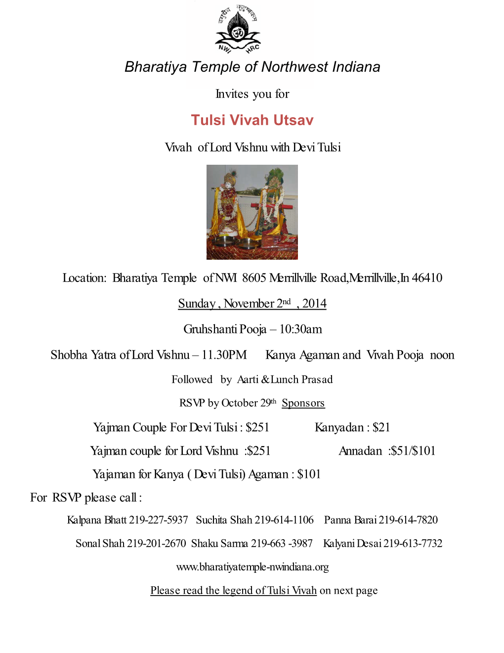 Bharatiya Temple of Northwest Indiana Tulsi Vivah Utsav