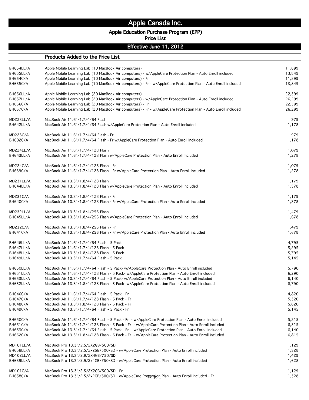 Apple Canada Inc. Apple Education Purchase Program (EPP) Price List Effective June 11, 2012