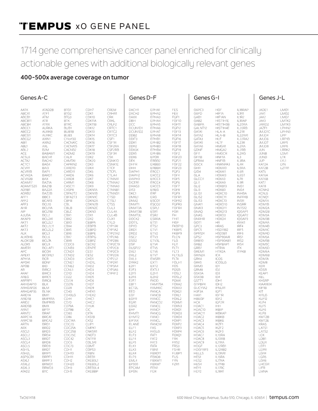 1714 Gene Comprehensive Cancer Panel Enriched for Clinically Actionable Genes with Additional Biologically Relevant Genes 400-500X Average Coverage on Tumor