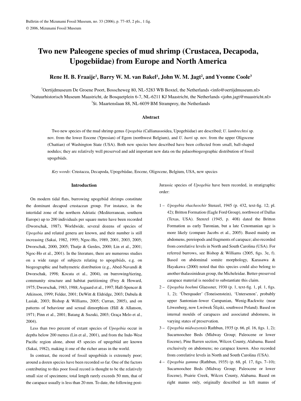 Two New Paleogene Species of Mud Shrimp (Crustacea, Decapoda, Upogebiidae) from Europe and North America