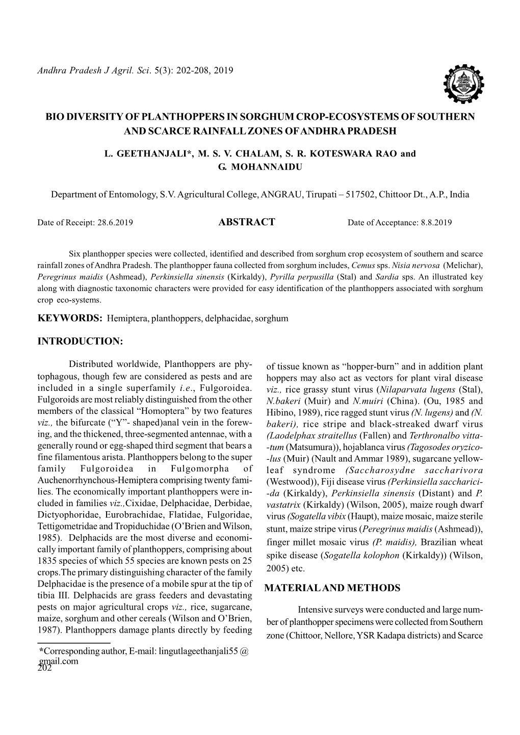 Bio Diversity of Planthoppers in Sorghum Crop-Ecosystems of Southern and Scarce Rainfall Zones of Andhra Pradesh