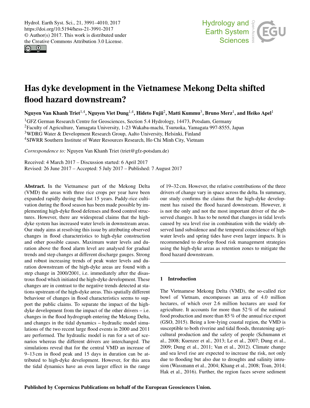 Has Dyke Development in the Vietnamese Mekong Delta Shifted ﬂood Hazard Downstream?