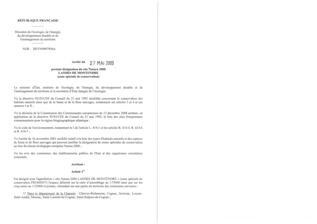 2 7 Mal 2009 Portant Désignation Du Site 'Natura 2000 LANDES DE MONTENDRE (Zone Spéciale De Conservation)