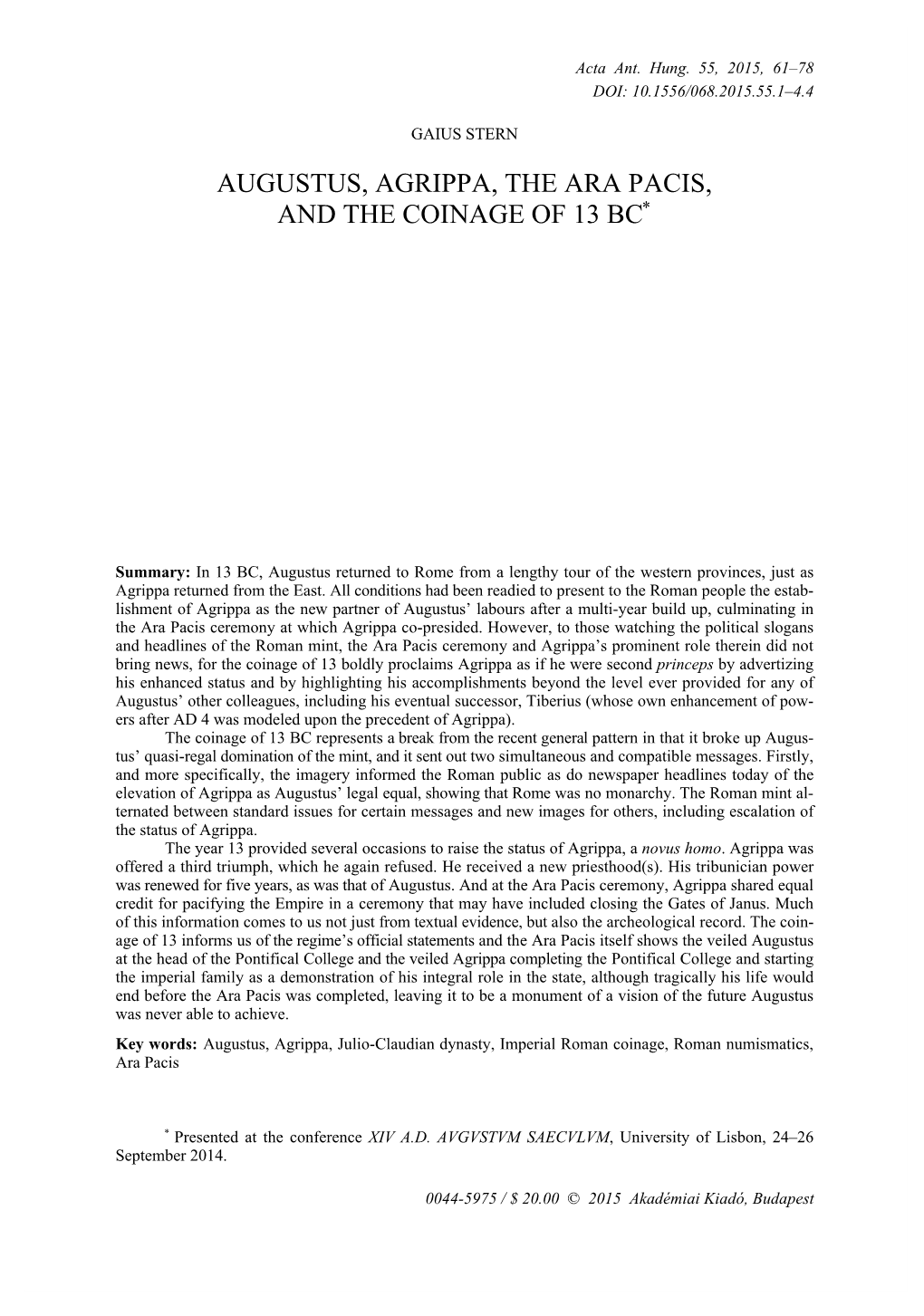 Augustus, Agrippa, the Ara Pacis, and the Coinage of 13 Bc