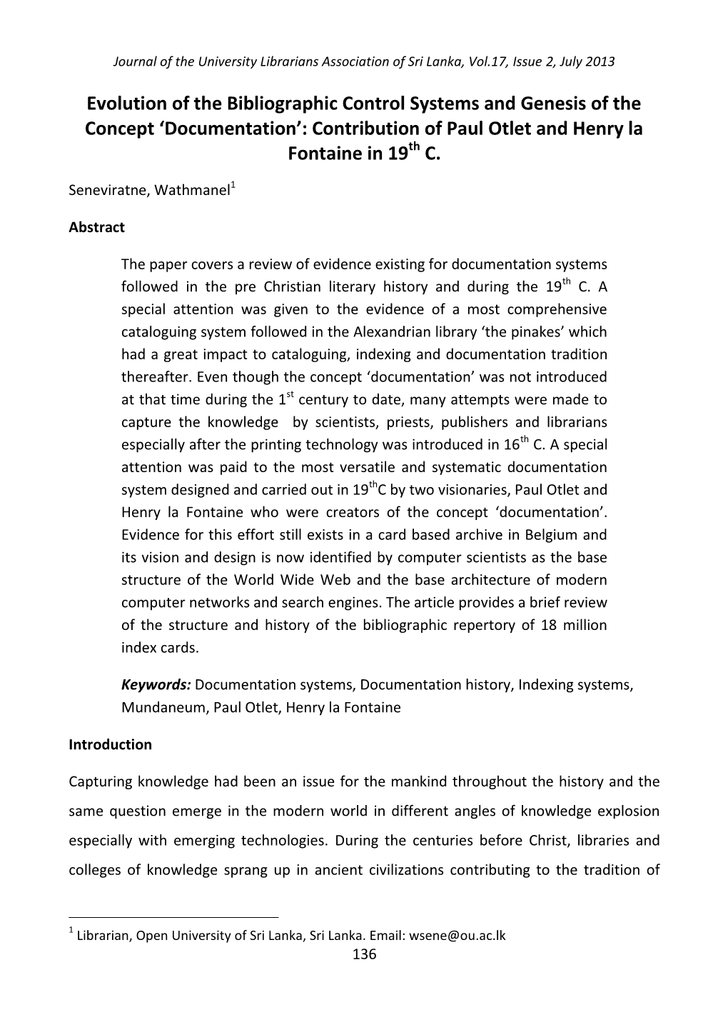 'Documentation': Contribution of Paul Otlet and He