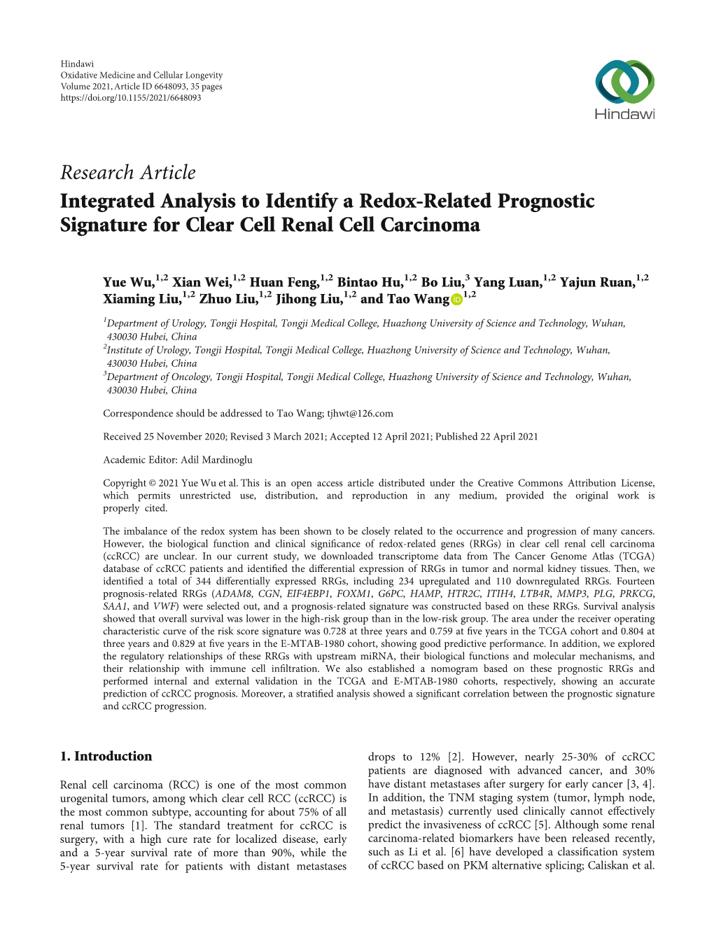 Integrated Analysis to Identify a Redox-Related Prognostic Signature for Clear Cell Renal Cell Carcinoma