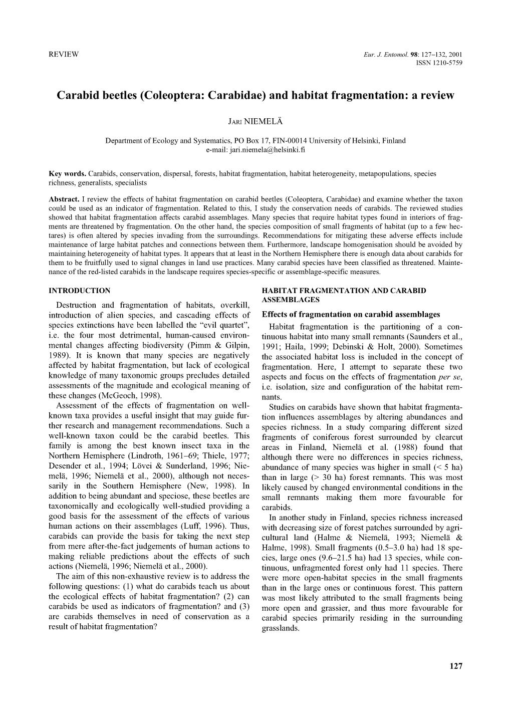 (Coleoptera: Carabidae) and Habitat Fragmentation