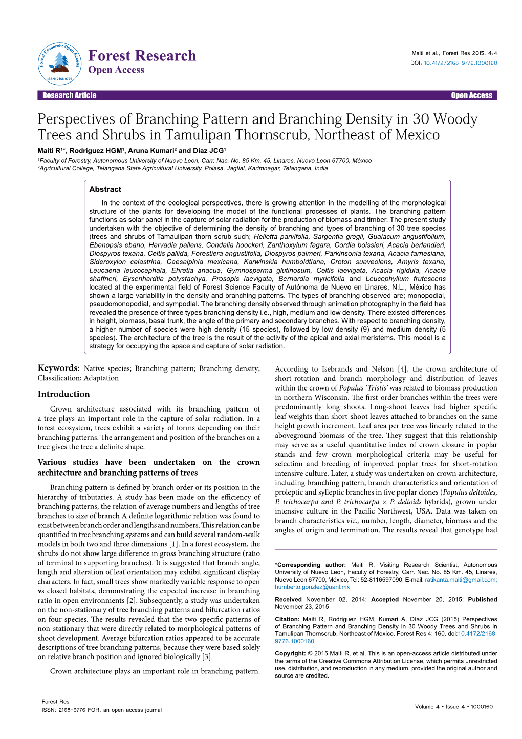 Perspectives of Branching Pattern and Branching Density in 30 Woody Trees and Shrubs in Tamulipan Thornscrub, Northeast of Mexic