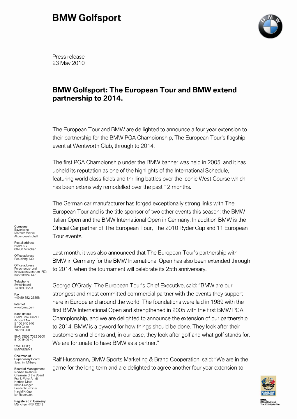 BMW Golfsport: the European Tour and BMW Extend Partnership to 2014