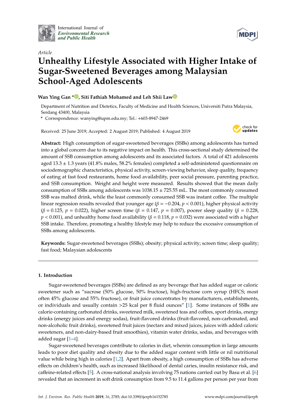 Unhealthy Lifestyle Associated with Higher Intake of Sugar-Sweetened Beverages Among Malaysian School-Aged Adolescents