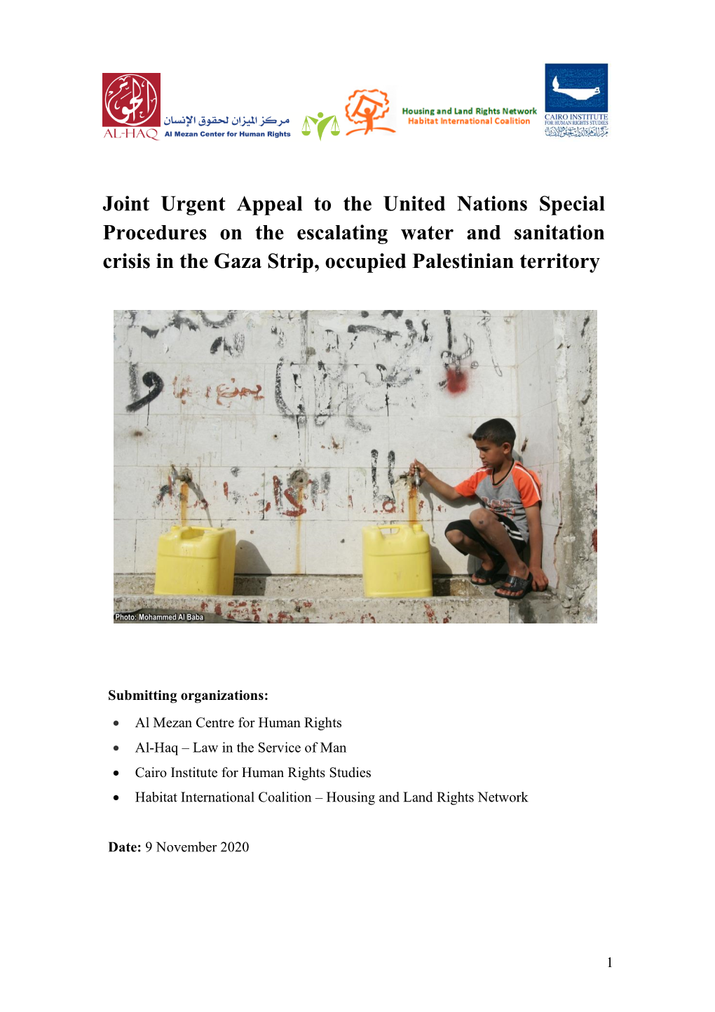 Joint Urgent Appeal to the United Nations Special Procedures on the Escalating Water and Sanitation Crisis in the Gaza Strip, Occupied Palestinian Territory