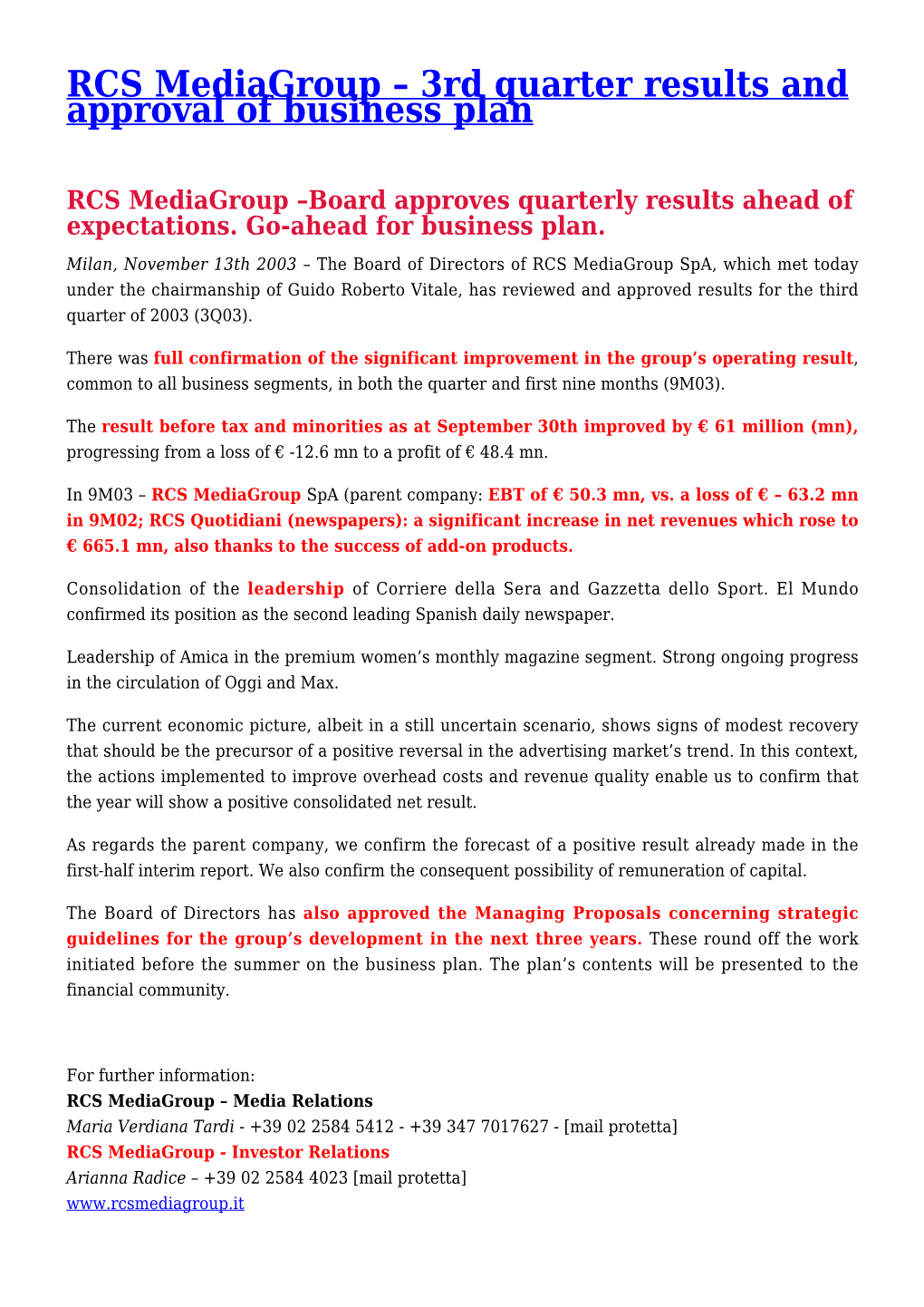 3Rd Quarter Results and Approval of Business Plan