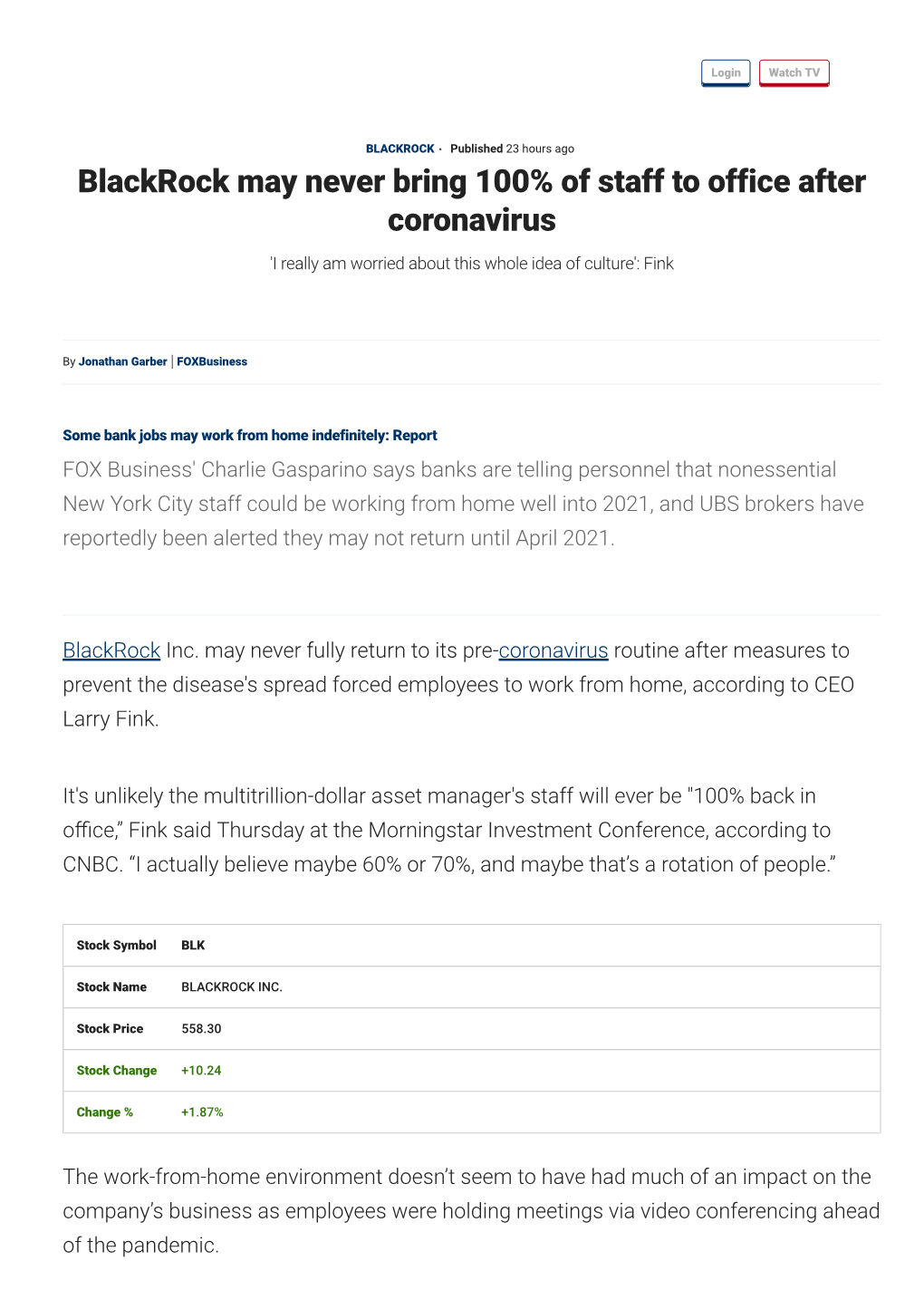 Blackrock May Never Bring 100% of Staff to Office After Coronavirus