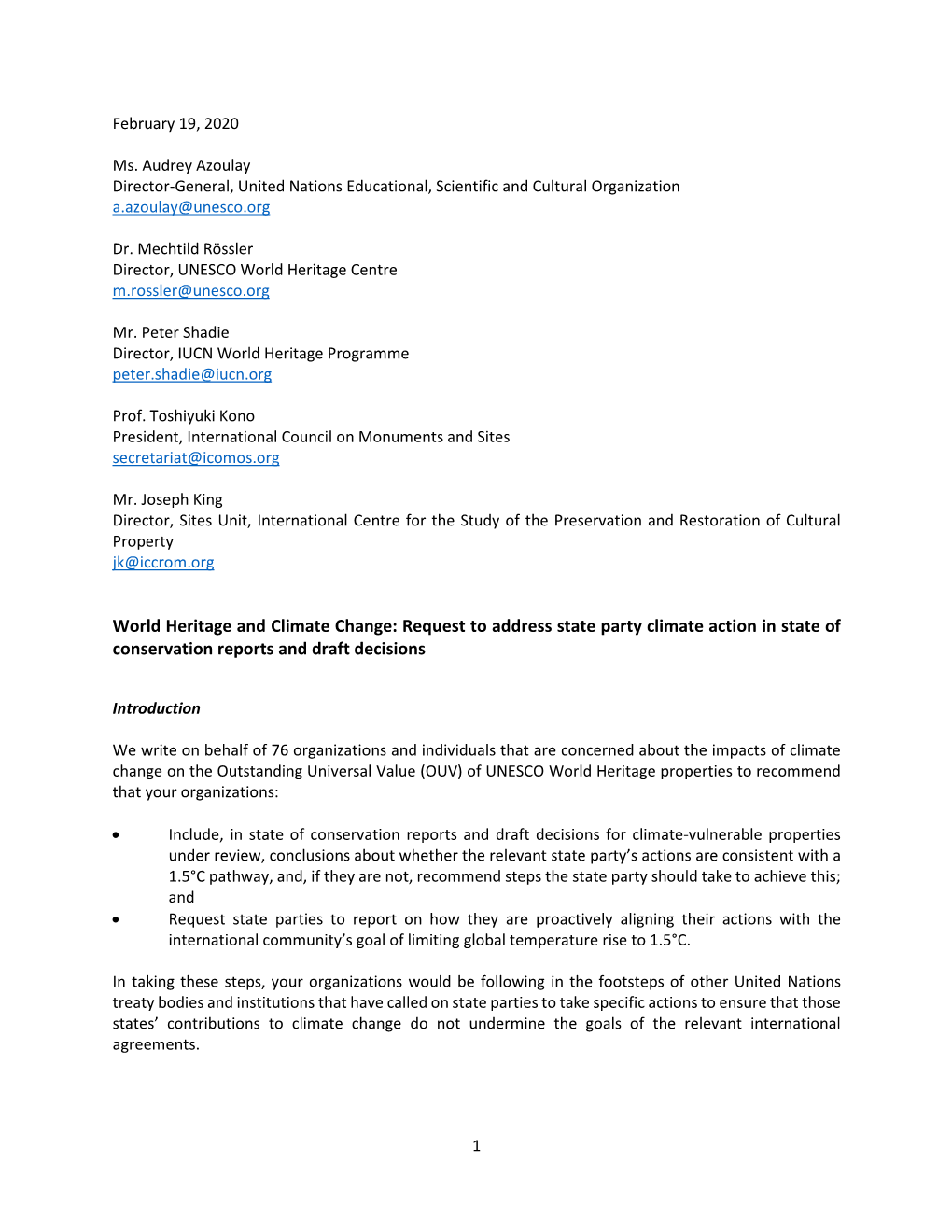 World Heritage and Climate Change: Request to Address State Party Climate Action in State of Conservation Reports and Draft Decisions