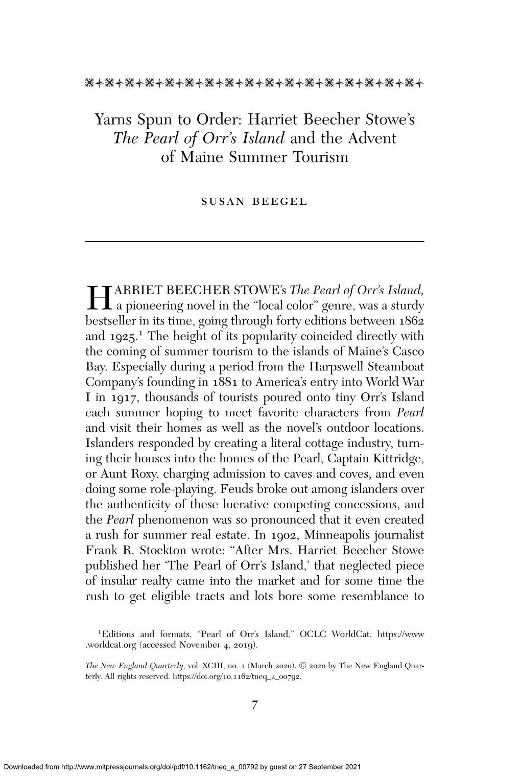 Harriet Beecher Stowe's the Pearl of Orr's Island and the Advent of Maine Summer Tourism