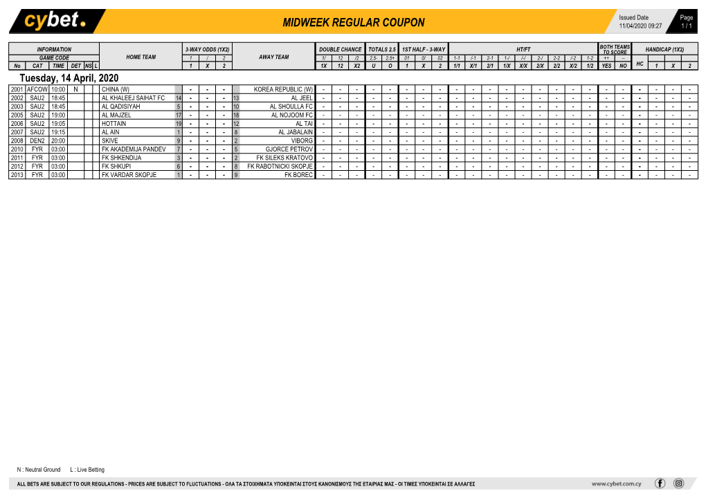 Midweek Regular Coupon 11/04/2020 09:27 1 / 1